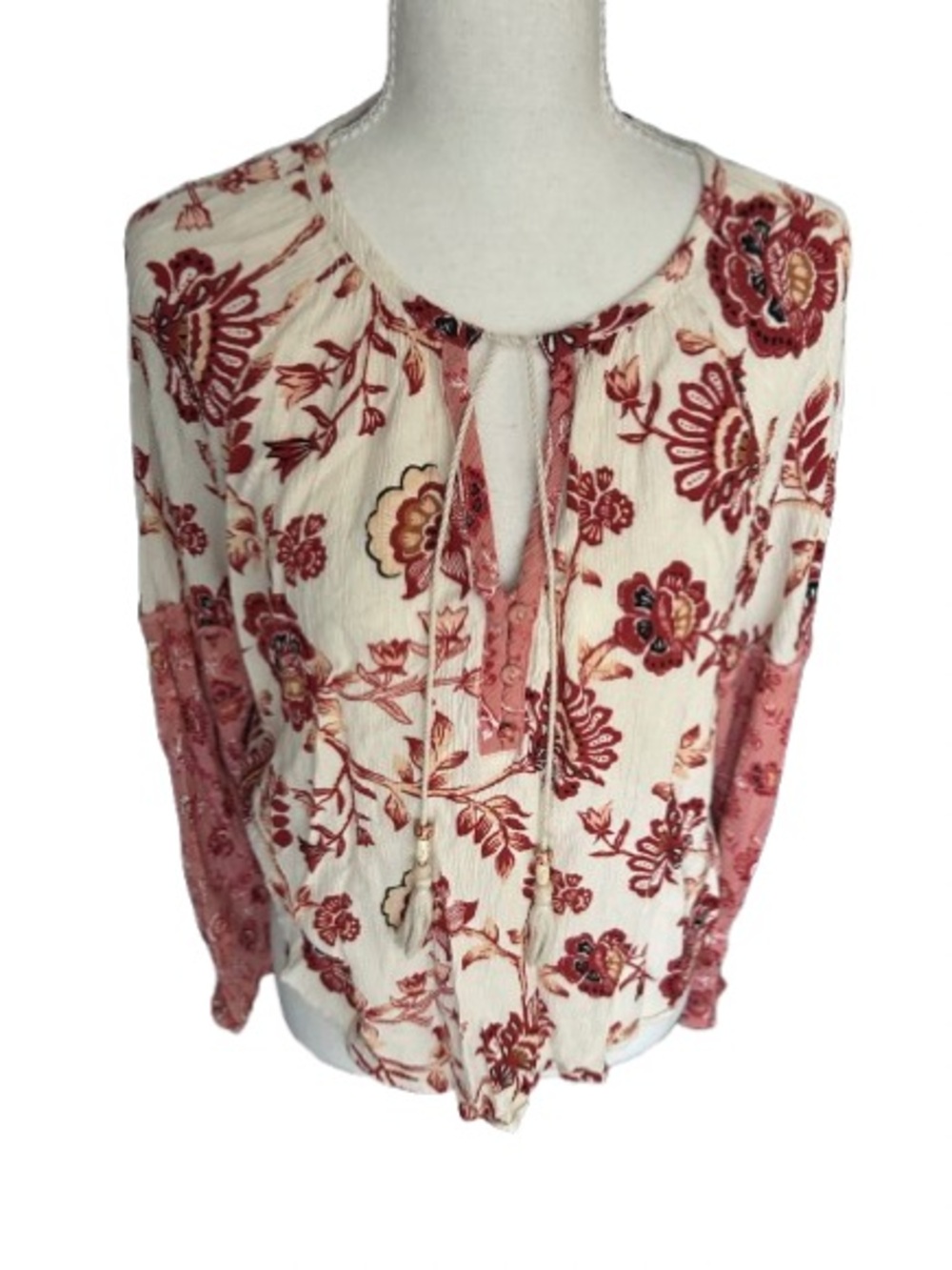 floral CoUNTRY Western FRYE & CO Tie Peasant Top Shirt Cowgirl Boho Bohemian LG